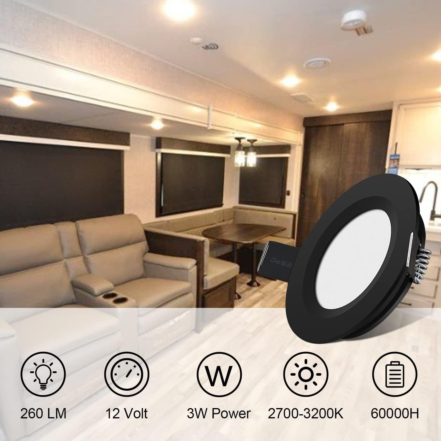 12 Volt LED Puck Light RV Boat Recessed Ceiling Light Super Slim LED Panel Light with Hole Puncher DC 12V 3W Full Aluminum Downlights 6 Pack,2700-3200k