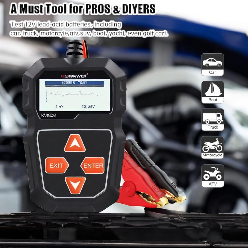 KONNWEI KW208 Car Battery Tester 12V. 100-2000 CCA Load Tester. Automotive Alternator Tester. Voltage Test, Cranking Test, Charging Test. For cars, trucks, boats, motorcycles, SUVs gasoline or diesel.