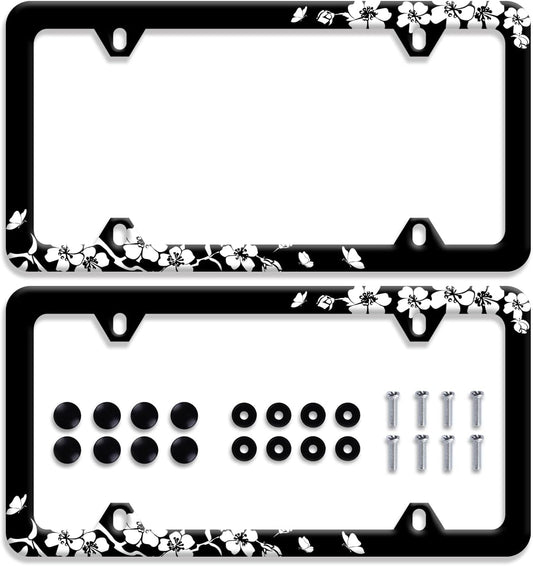 【2Pcs】 Black White Cherry Blossoms License Plate Frame Floral Flowers License Plate Stainless Steel Parts Colorful License Plate Decorative with Screws Size 12.3" x 6.3" Men Women