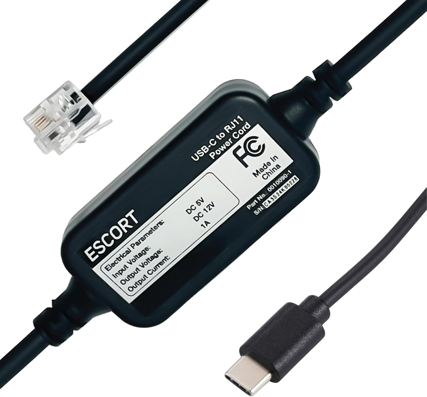 Escort USB-C to RJ11 Power Cord Radar Detectors Including MAX 360, MAX 360c, IX, IXc, 9500 IX, MAX II, MAX 3, MAX 4, MAX 360c MKII, MAX 360 MKII, MAXcam 360c, Redline 360c & Additional Models