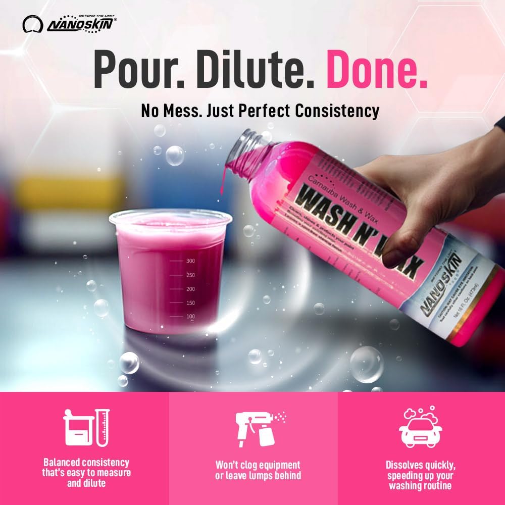 Nanoskin WASH N' WAX with Carnauba 16 Oz. - Cleans & Shines in One Step | Works with Foam Cannon, Foam Gun, Bucket Washes, Pressure Washer | Carnauba Wax Protection for Cars