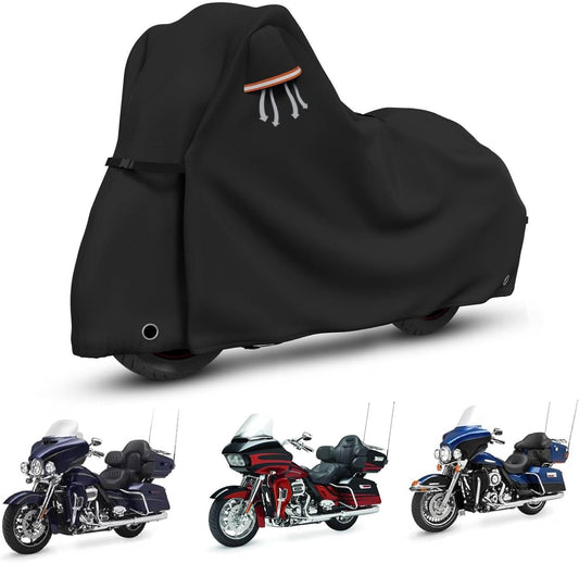 STARTWO Motorcycle Covers Waterproof Outdoor Storage for Harley Davidson Touring Models with Side+Top Box Ultra Limited,Road Glide Limited, Gold Wing,Road Master 110"x45"x59" Black