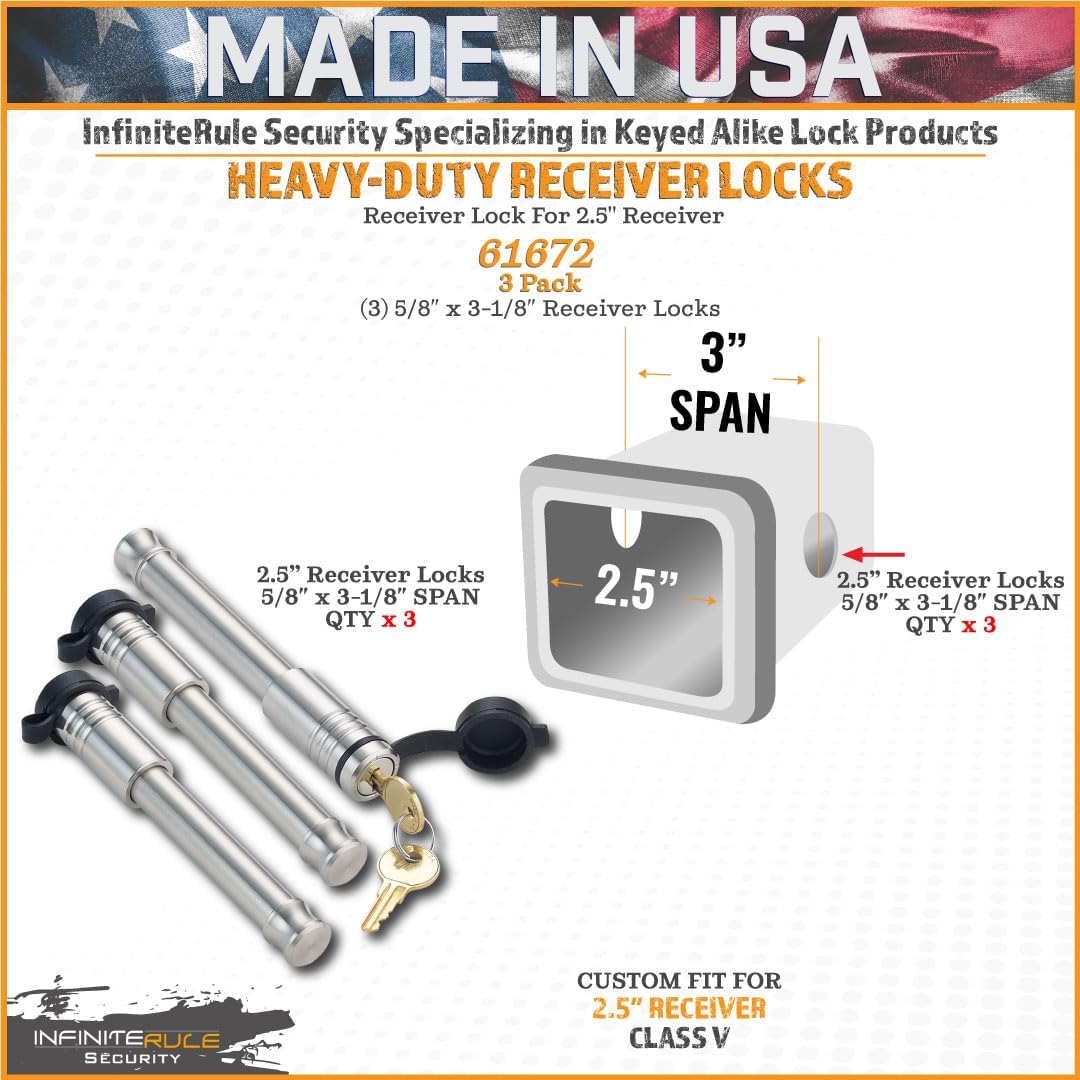 61672 | 3 Pack, Keyed Alike, Receiver Locks for 2" and 2.5" Receiver Class III, IV, V and Gen-Y Hitch Mega Duty 10K LB & 16K LB