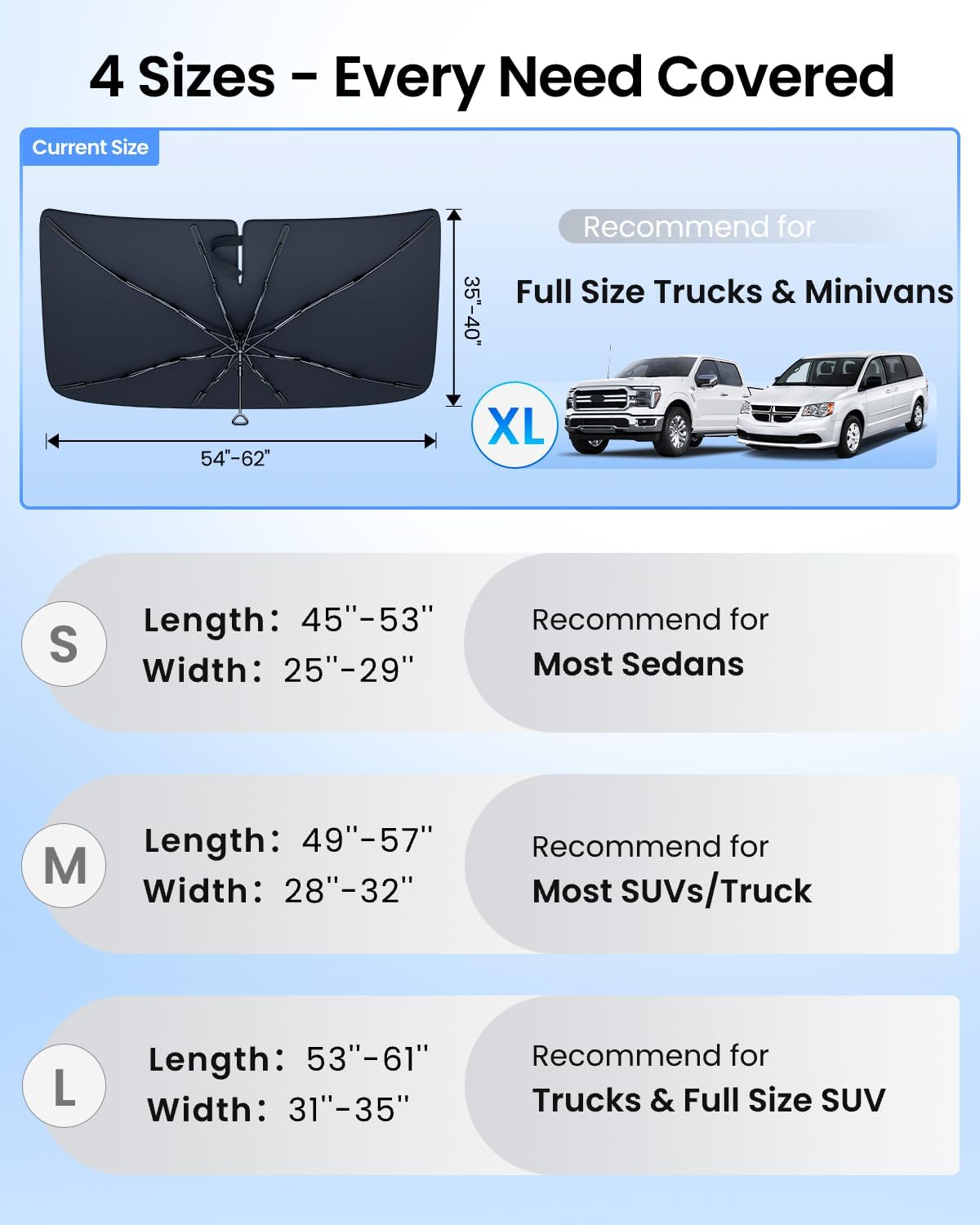REEVAA 2025 Upgraded Truck Windshield Sun Shade Umbrella [100% Sun Protection & Keep Cool] Protect Interior, 360° Flex Handle Sun Shield Sunshade, X-Large (61''x40'') for Full-Size Trcuk/MPV Car