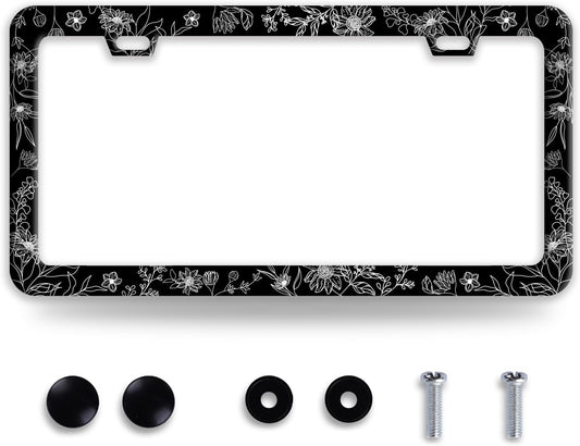 Line Art Flowers License Plate Frame Beautiful Floral License Plate Frames Funny Stainless Steel Accessories Cars Decor with 2 Holes and Screws Fits Standard Us Ca Vehicles Holder 12.2 X 6 Inch