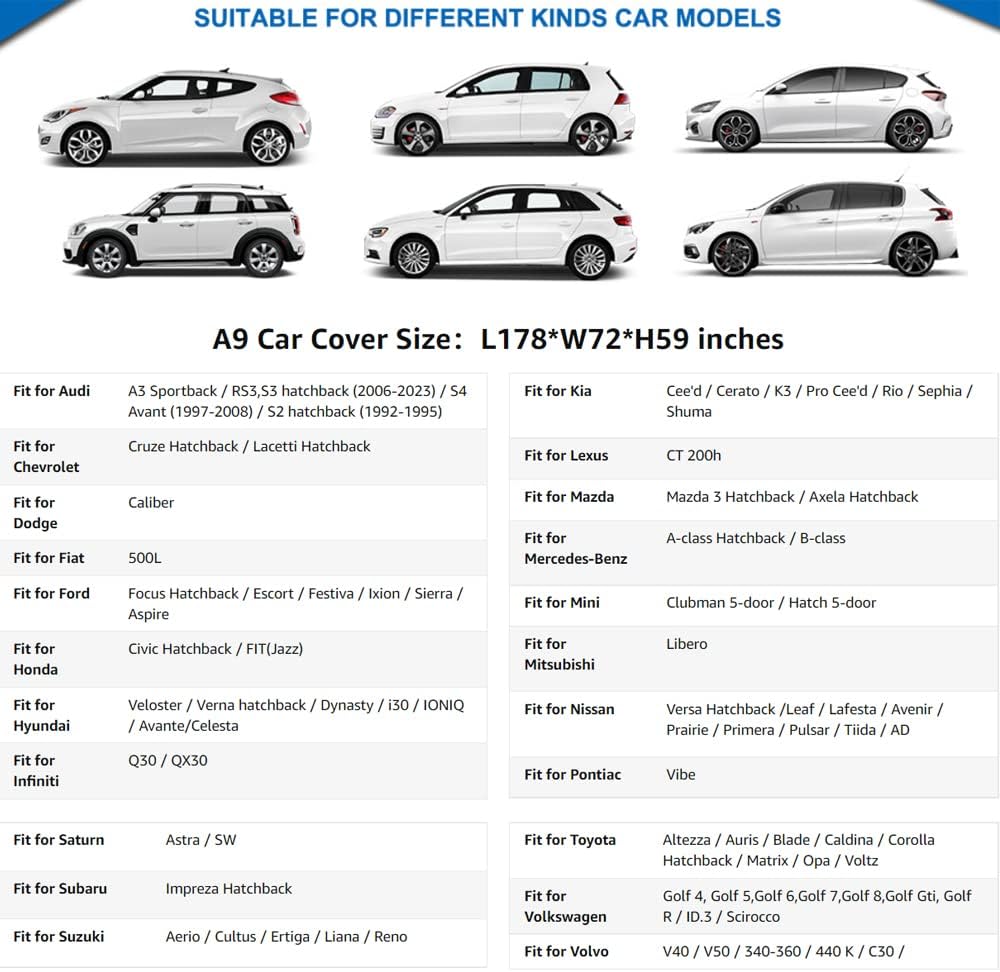 KouKou Hatchback Car Cover Waterproof All Weather Outdoor for Automobile Protection, Fit VW Golf GTI, Toyota Matrix, Audi A3,Ford Focus, Honda Fit, etc. (Length up to 178 inches)