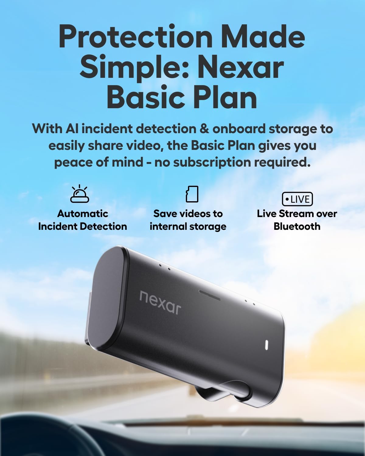 Nexar Beam2 Mini Dash Cam Car Camera 64GB Storage 24H Parking Mode Wide Angle FHD Lens Wireless Dash Camera for Cars Includes $25 OBD Hardwire Kit for Continuous Power