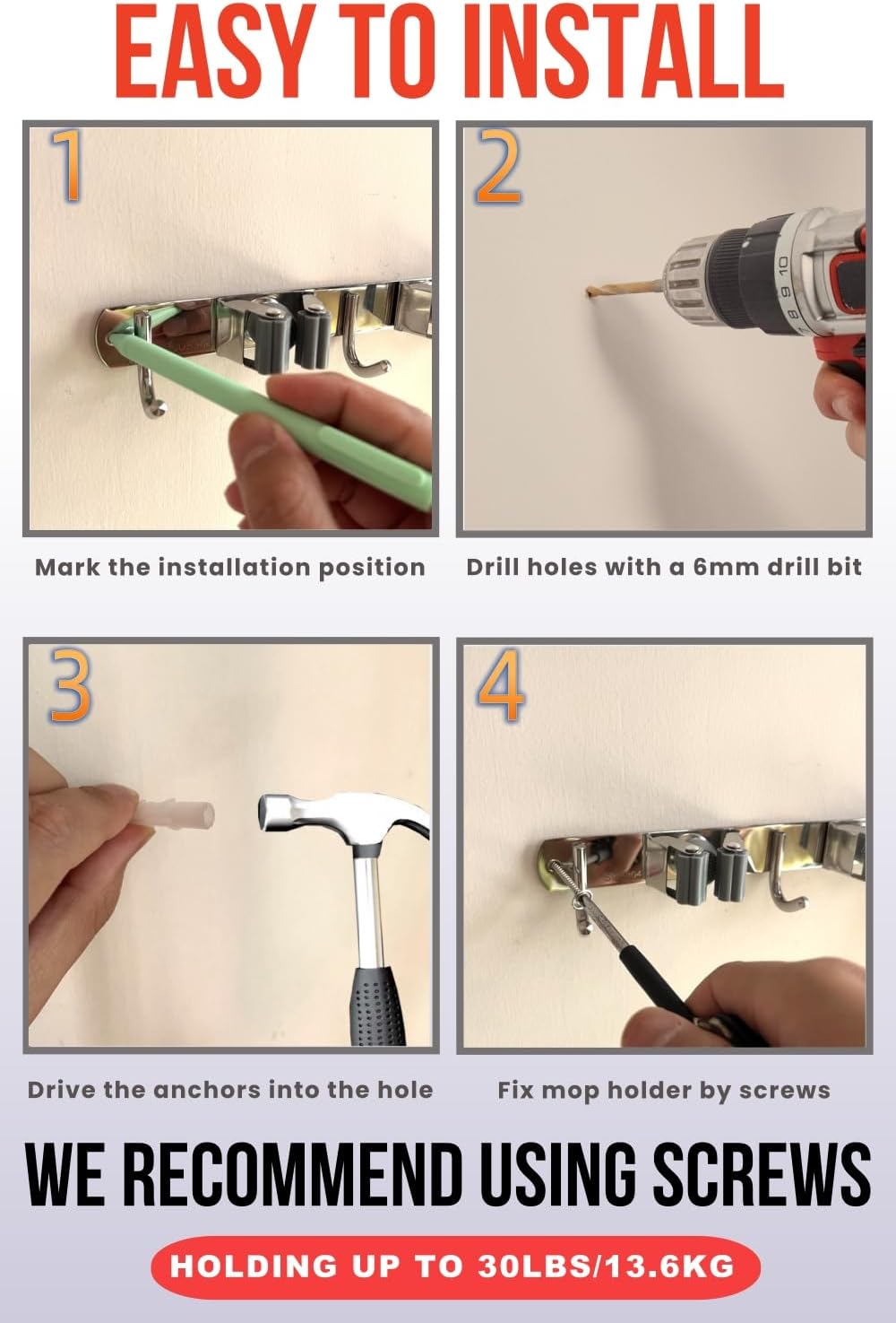 2 Pack Mop and Broom Holder Wall Mount, Upgraded Broom Hanger Wall Mount, Stainless Steel Broom Organizer for Closet Garage Laundry Room Kitchen Wall Decor Black 4R5H