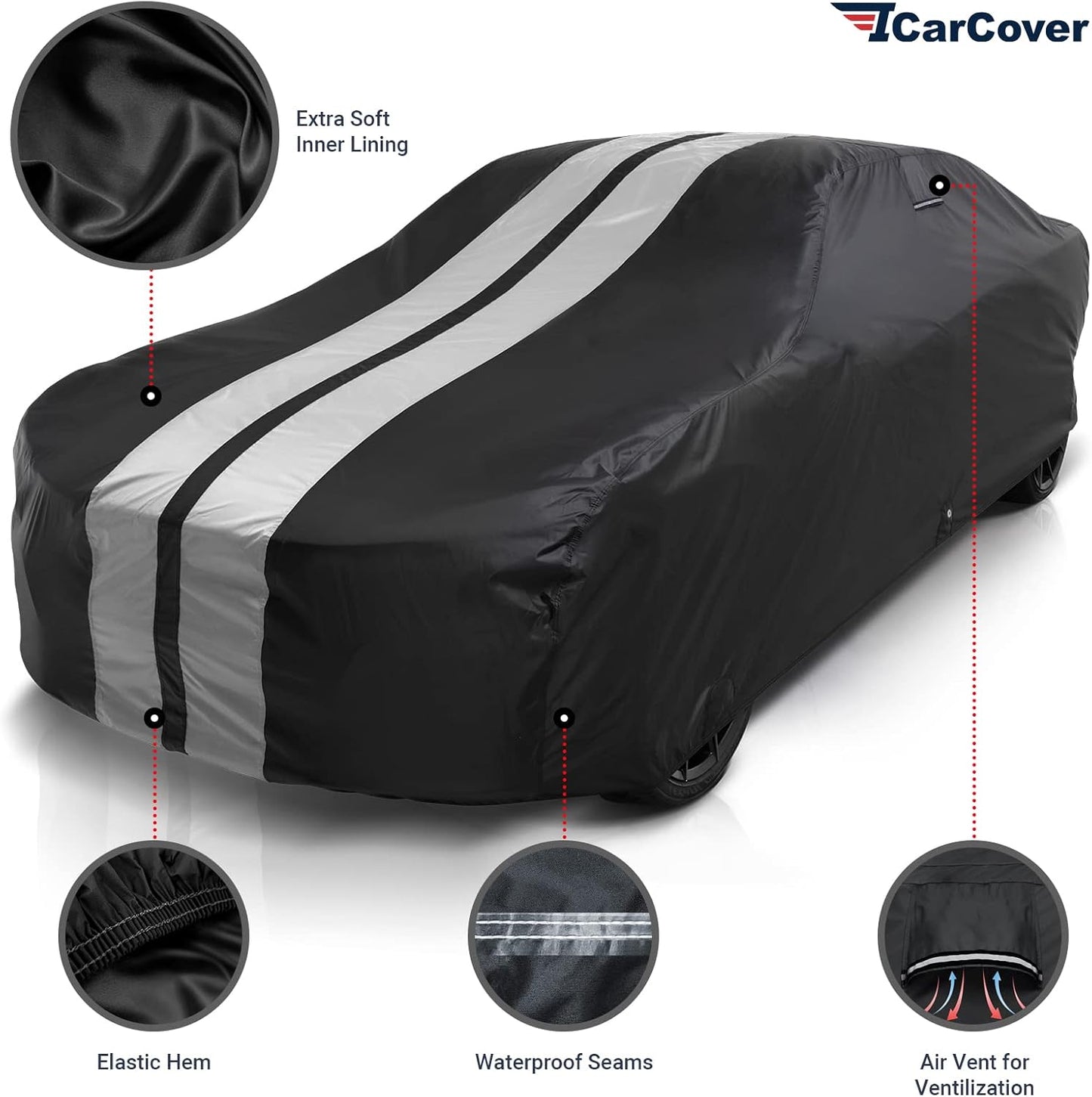 iCarCover Custom Car Cover for 1964-1968 Ford Mustang Waterproof All Weather Rain Snow UV Sun Protector Full Exterior Indoor Outdoor Car Cover (Stripe - Black/Gray)