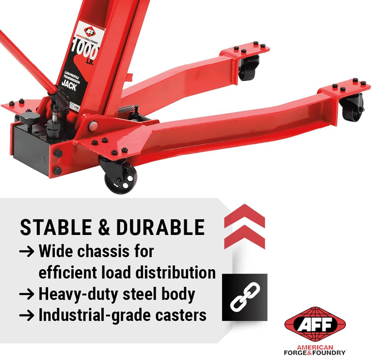 AFF Low Profile Manual Hydraulic Transmission Jack - Heavy Duty Steel Body, Adjustable Saddle with Safety Chain & 360 Handle - For Transmissions, Transfer Cases & Differentials (Multiple Capacities)