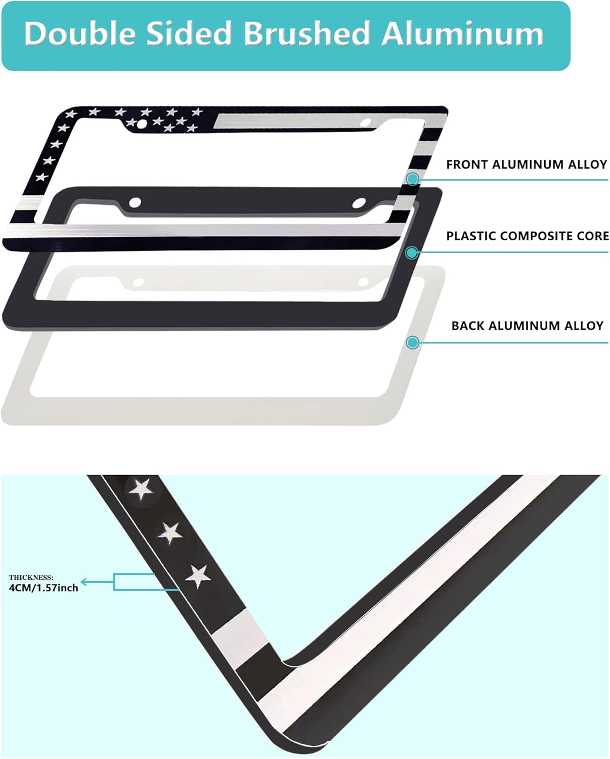 American Flag License Plate Frame- Black Front Rear Patriotic USA ‌Car Tag Frames, 2 Pack 2 Hole Heavy Duty Brushed Aluminum Plastic Composite Holder with Screws Caps