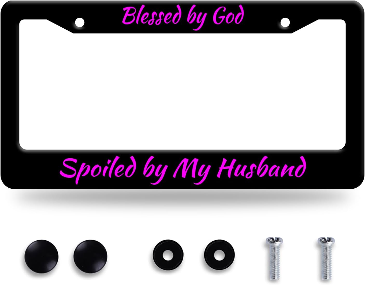Blessed by God Spoiled by My Husband License Plate Frame Funny Texts License Plate Stainless Steel Parts with Screws Size 12.3" x 6.3" for Men Women