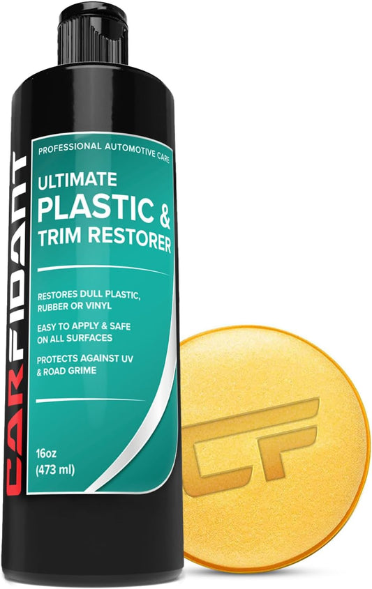 Carfidant Plastic Restorer for Cars – Refreshes Faded Plastic, Vinyl & Rubber Trim with Polish for Deep Shine – Protects Against UV & Dirt – Black Exterior & Interior Care for Detailing - 16 fl. Oz.