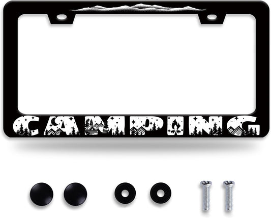 Camping License Plate Frame Mountains License Plate Holder Forest for Car Decorative Parts Stainless Stee License Plate for Standard Us Canada Funny License Plate Frames 12x6 Inch