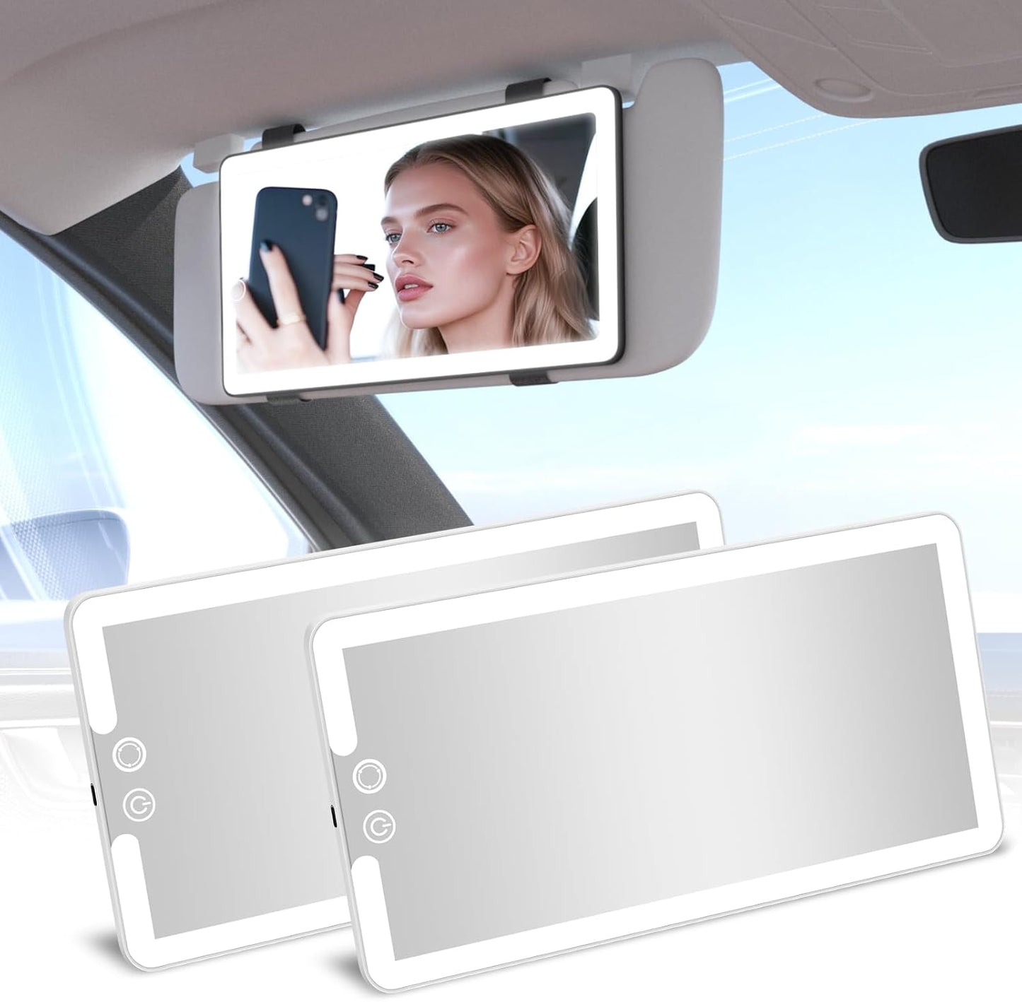 2 Pcs Car Sun Visor Vanity Mirror,Dimmable Rear View Visor Makeup Mirror with 3 Light Modes,White