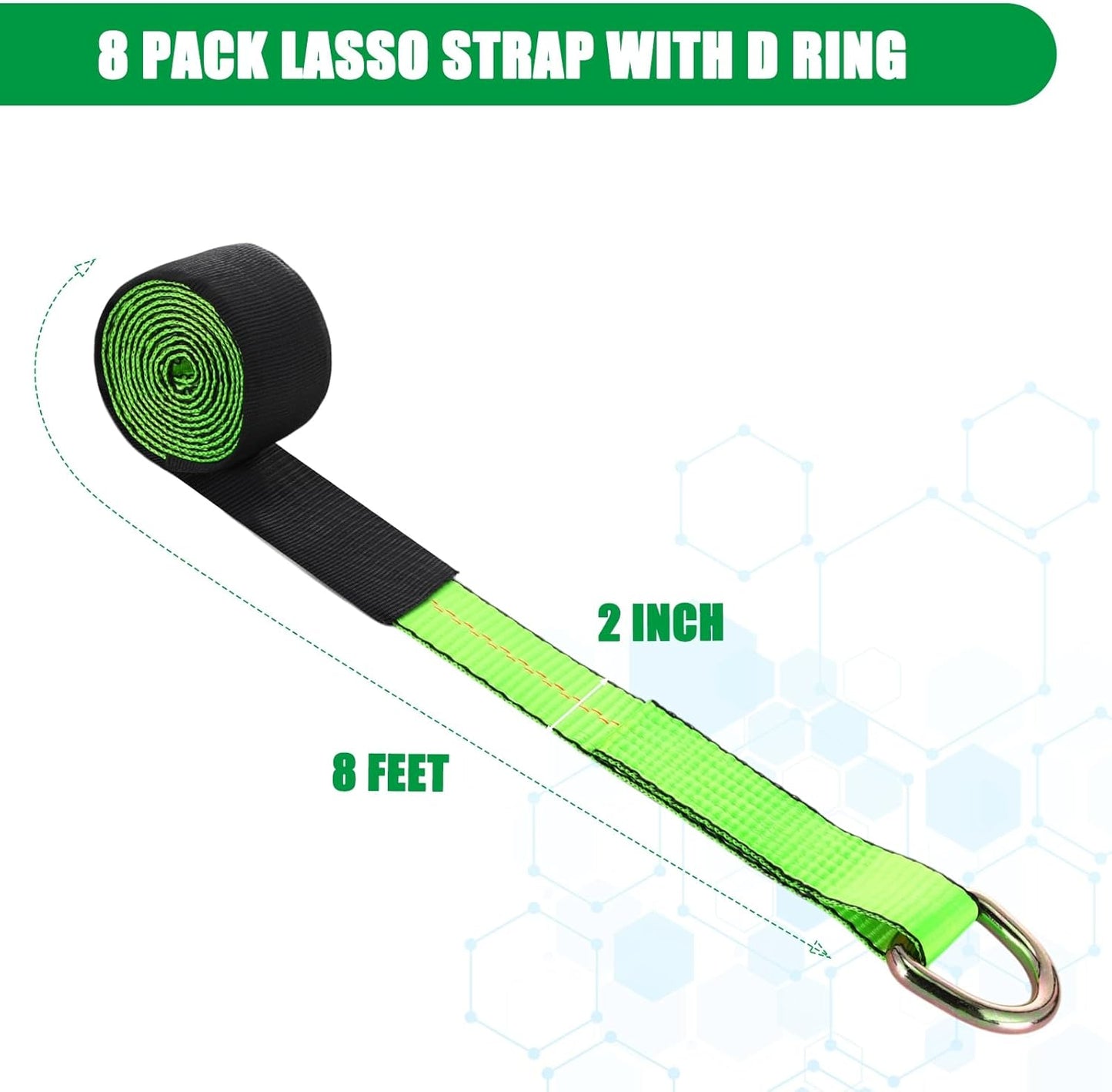 8 Pack 2" X 8ft Tow Truck Straps Lasso Wheel Lift Straps Lasso Tow Strap with D Ring 11, 000 Lbs Break Strength Auto Tie Down Auto Hauler for Trailer Truck Tie(Green)