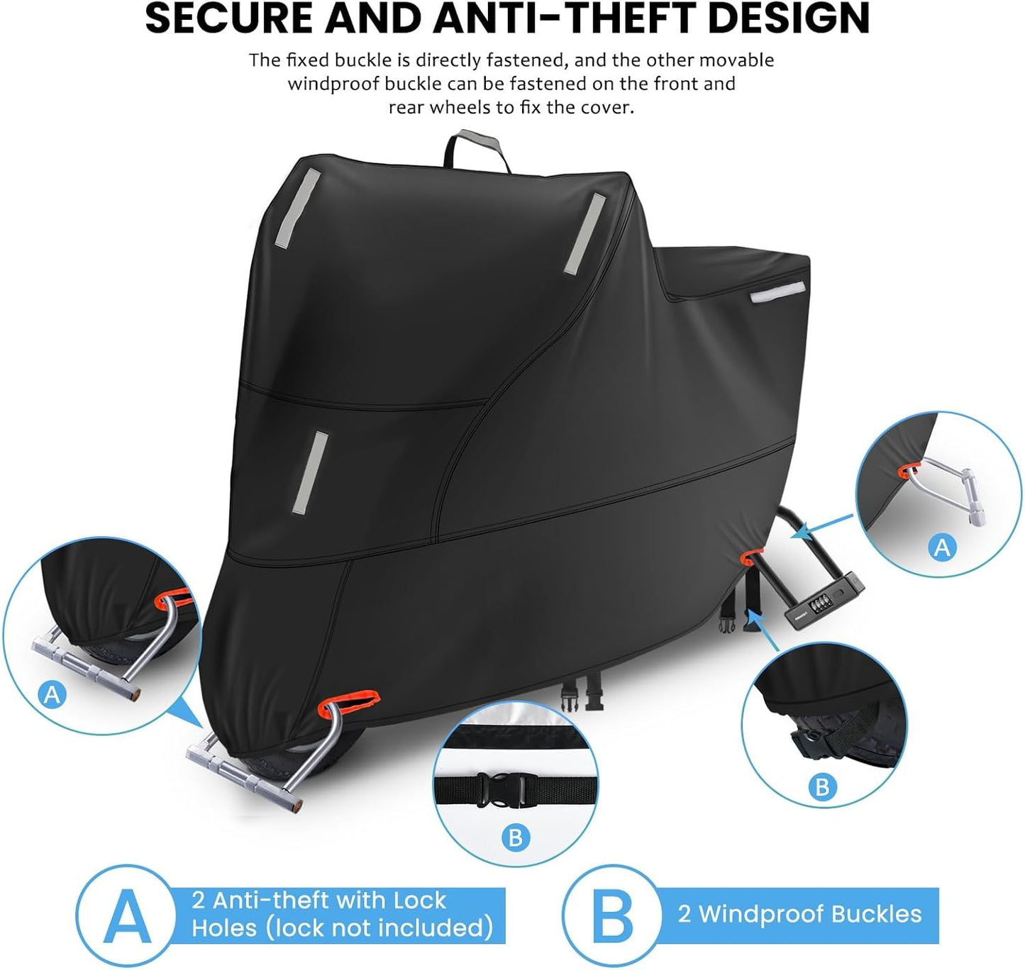 Motorbike Cover for Outside Storage, 300D Oxford Waterproof Motorcycle Scooter Moped Cover Outdoor with 5 Reflective Strips and 2 Windproof Buckles, 2 Lock-Holes and 1 Storage Bag (2XL: 94x35x49 inch)
