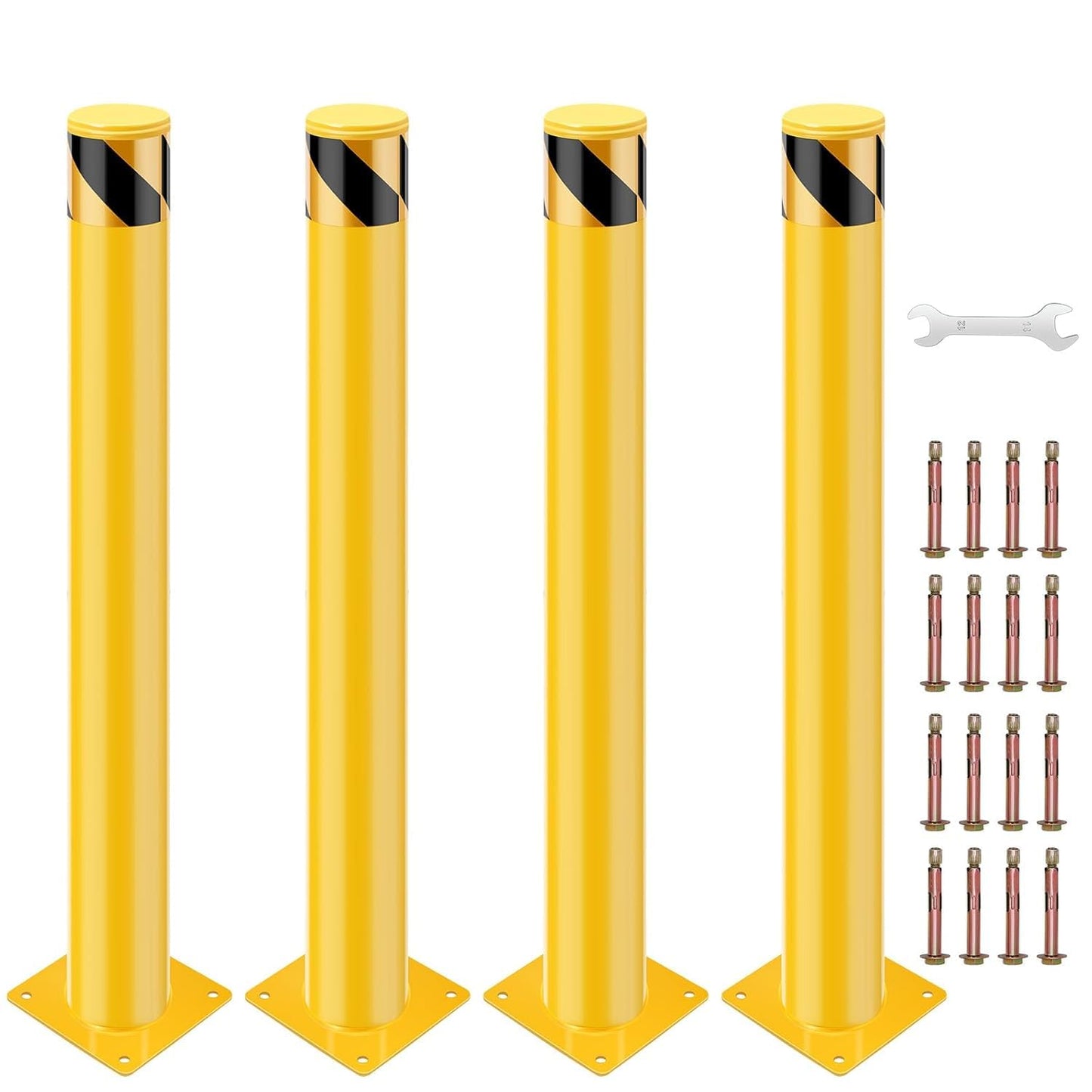 4 Pack Safety Bollard Post, 48 Inch Height 4.5 Inch Diameter Yellow Pipe Safety Steel Bollards with Anchor Bolts and Wrench, Steel Bollards for Road Warning Construction Traffic Control