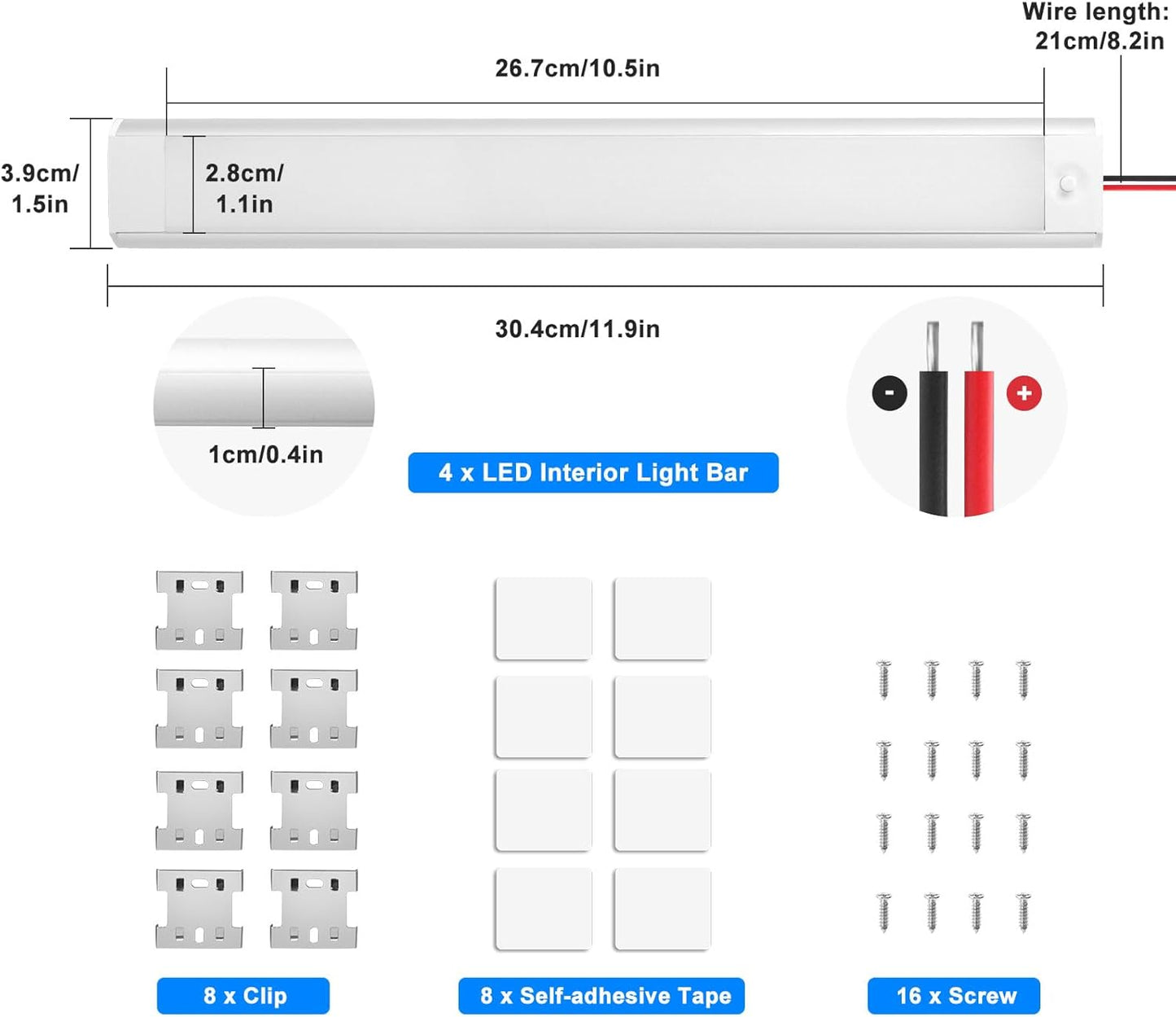 Linkstyle 4PCS 12V Interior LED Light Bar, 108 LEDs Light Strip Lights with Switch for Car Truck Camper Van RV, White