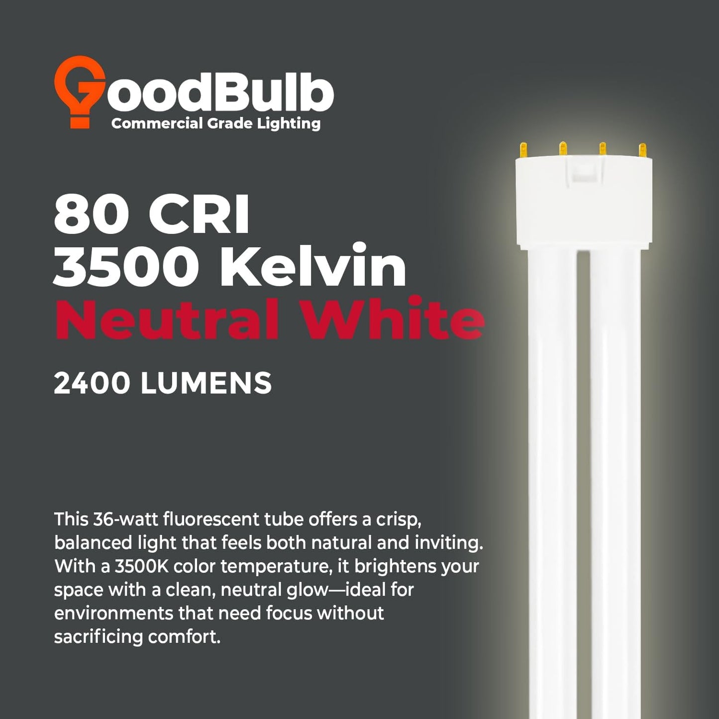 GoodBulb PLL36/835 36W 16.5" Twin Tube Compact Fluorescent Light Bulb 4-pin 2G11 Base 3500K Neutral White 2400 Lumen 36000 Hour Long Life Biax Pack of 10