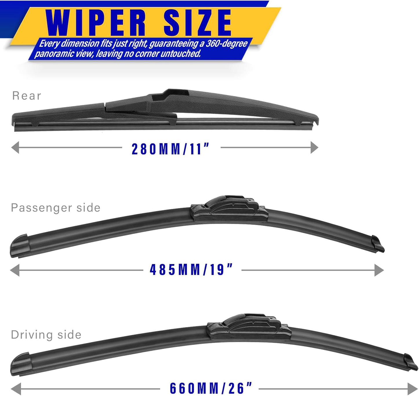 3 wipers Replacement for 2012-2017 Toyota Prius V, Windshield Wiper Blades Original Equipment Replacement - 26"/19"/11" (Set of 3) U/J HOOK