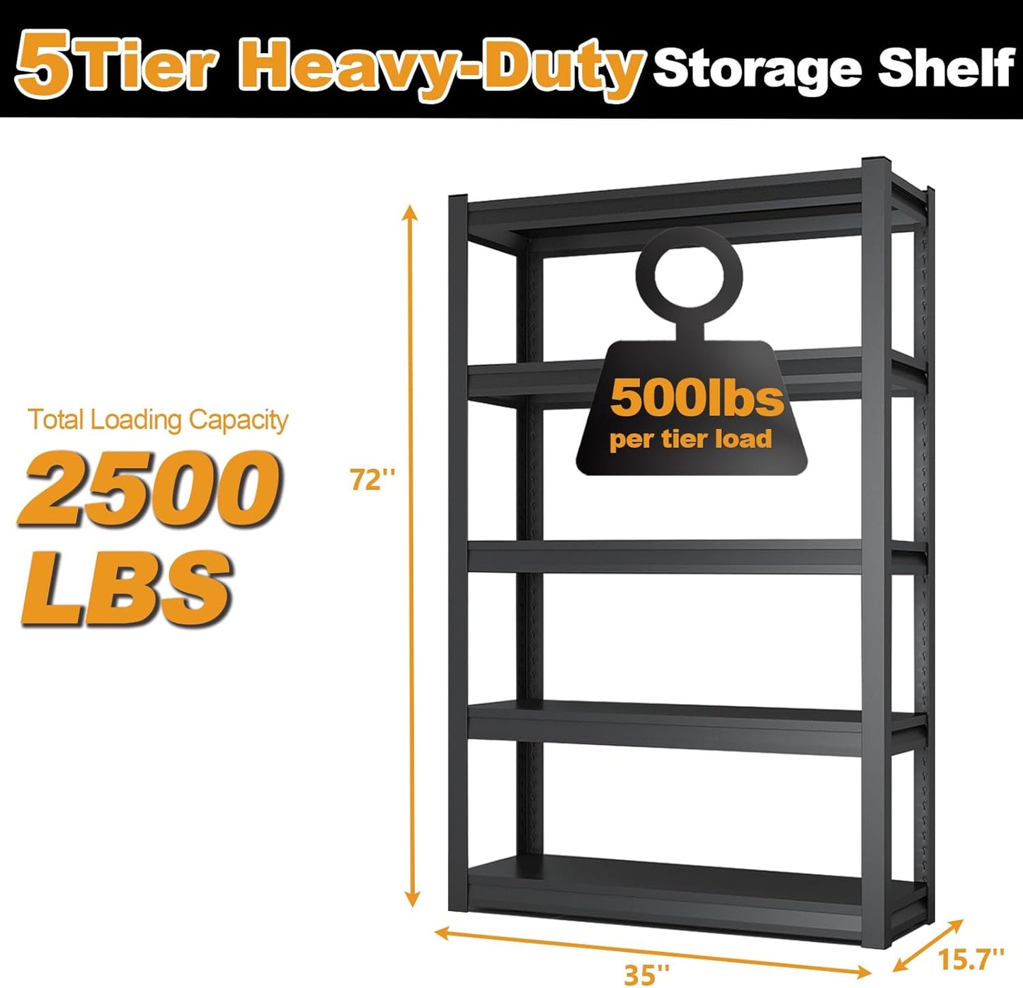 72H Metal Kitchen Storage Shelves, 2500 LBS Heavy Duty Garage Shelving Unit, 5-Tier Adjustable Pantry Shelves, Food and Beverage Storage Rack, Appliance Storage Utility Shelf for Balcony - Black