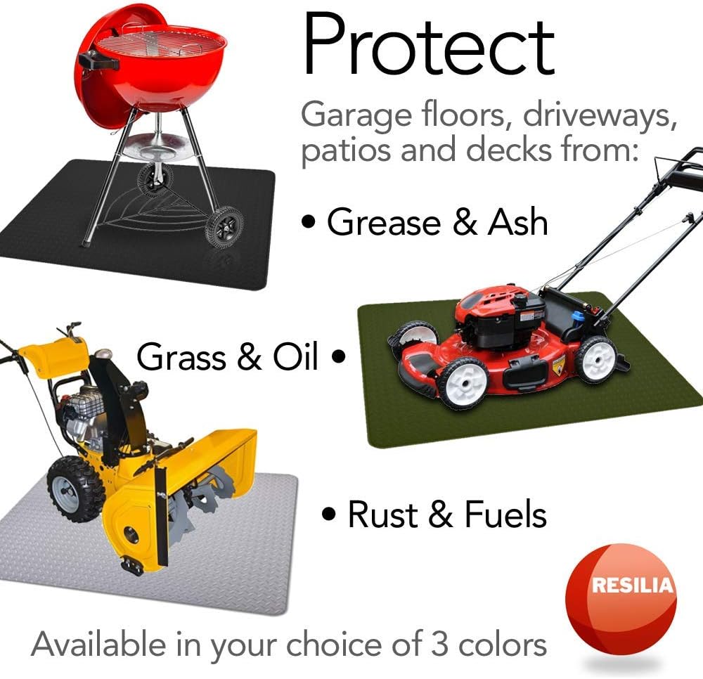 RESILIA Garage Mat, Prevents Stains Decorative Embossed Diamond Plate Pattern Black, 3 Feet x 4 Feet, Made in The USA