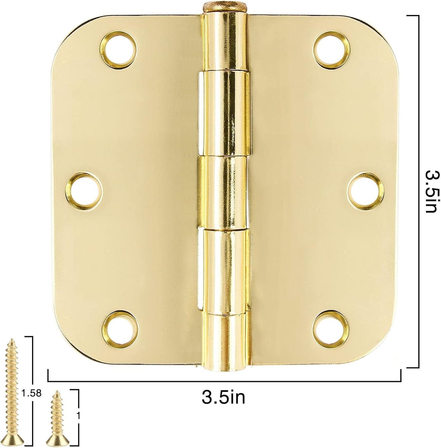 6 Pack Rounded Door Hinges 3.5 inch X 3-1/2" 5/8 Radius, Polished Brass 3 ½ Inch Gold Interior Standard Hinge for Bedroom Wood/French Style Clear Glass Doors Easy Install Hardware Decor Accessories