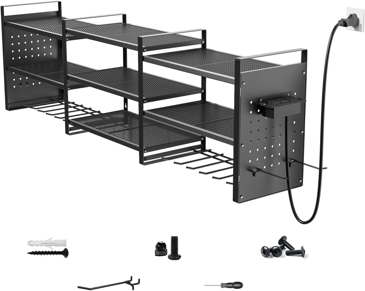 Heavy-Duty 48" Wall Mount Power Tool Organizer with Charging Station – 3-Tier Garage Organization Rack for Drills, Wrenches & Tools – Includes 16 Hooks & Pegboard Sides