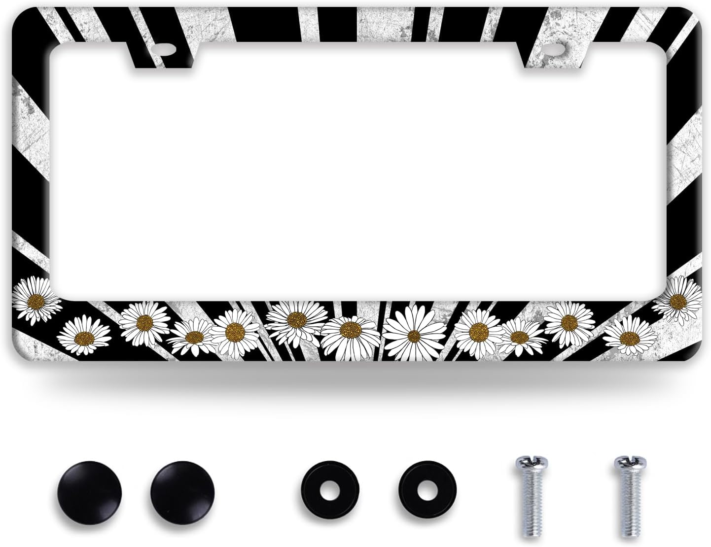Sun License Plate Frame Black White Daisy Flowers License Plate Frames Funny Auto Accessories Bracket Stainless Steel License Plate with Screw 6x12 Inch
