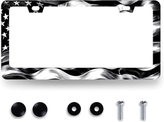 Black White American Flag License Plate Frame Patriotic USA Flag License Plate Stainless Steel Funny Black Accessories Cars Decor 12.2 X 6.2 Inch with 2 Holes and Screws Fits Standard Us Ca Vehicles