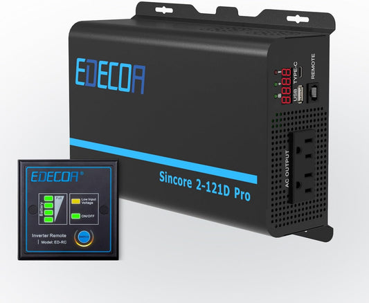 EDECOA Pure Sine Wave Inverter 1200W 12V DC to 110V AC Power Inverter with USB Port and Type-C Port 2 AC Outlets Remote Control LED Display for RV Car Boat Household