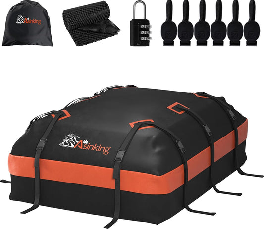 Asinking Car Roof Bag Rooftop top Cargo Carrier Bag 21 Cubic feet Waterproof for All Cars with/Without Rack, Includes Anti-Slip Mat, 10 Reinforced Straps, 6 Door Hooks, Luggage Lock