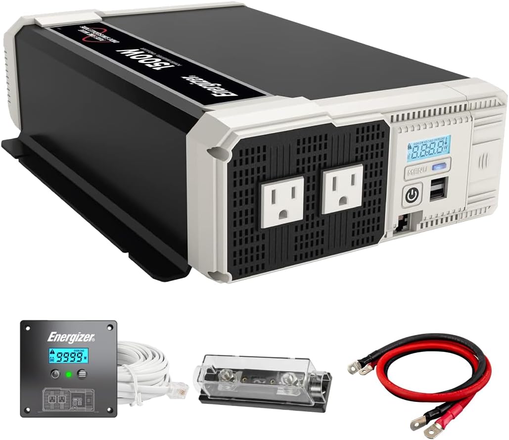 Energizer 1500 Watt 12V Pure Sine Inverter Dual AC Outlets & USB, Installation Kit Included, Automotive Power for Power Tools, Camping & Car Accessories - ETL Approved Under UL STD 458