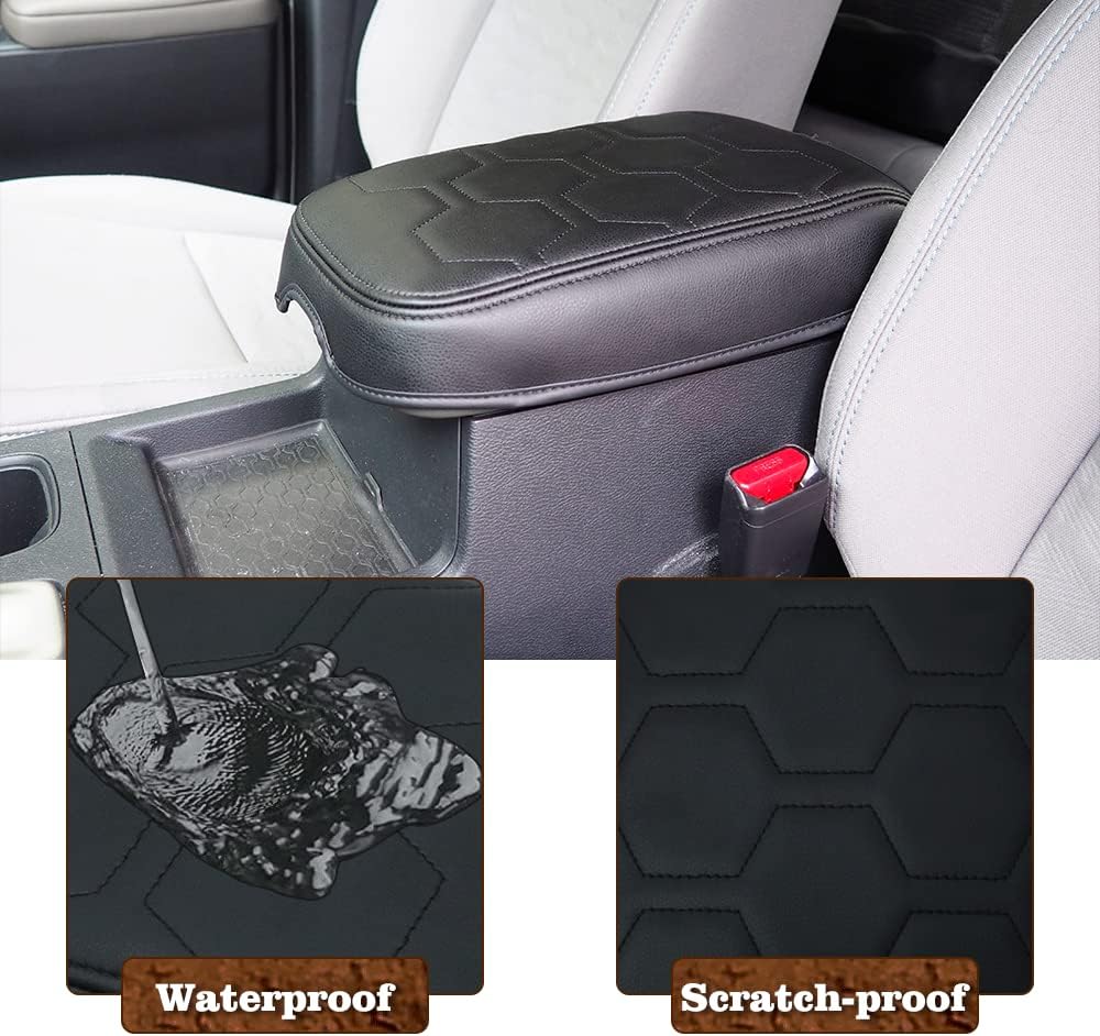 Muslogy for Frontier Center Console Pad Armrest Box Cover Vegan Leather Soft Accessories Armrest Lid Protector Compatible with Nissan Frontier 2022-2024 2025 (Regular Thick, V1 Black Stitching)