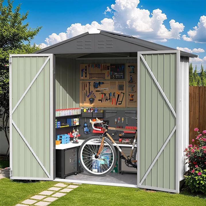 Greesum 6×4FT Outdoor Storage Shed, Metal Patio Storaged Sheds with Lockable Doors, Sheds & Outdoor Storage for Bike, Backyard, Pool and Garden, White