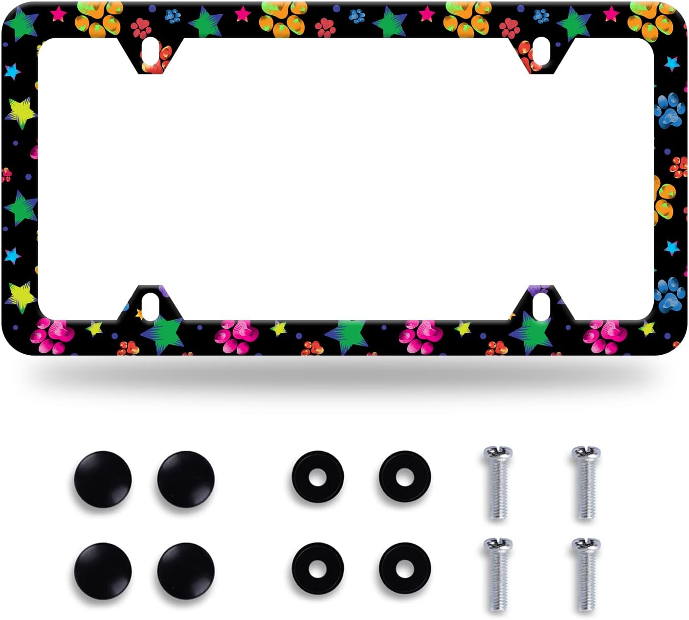 Colorful Animal Paw and Star License Plate Frame Colorful License Plate Stainless Steel Parts Funny License Plate Decorative with Screws Size 12.3" x 6.3" for Men Women