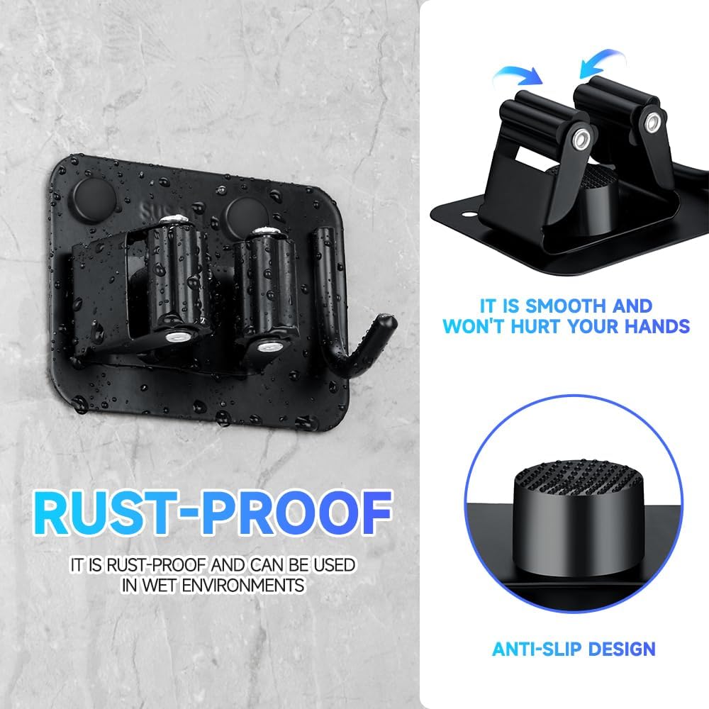 2-Pack Broom Holder with Heavy Duty Hooks, Upgraded Stainless Steel Mop Hanger. Wall Mount Utility Tool Rack for Kitchen Garden Laundry Garage. Matte Black.