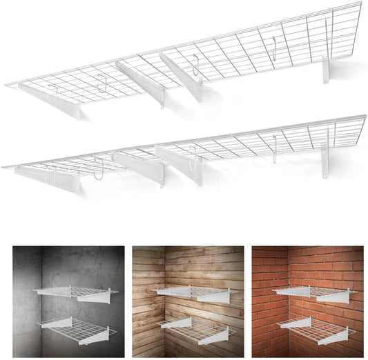 Fencer Wire 72 in. W x 18 in. D Wall Mounted Garage Wall Shelving w/ 4 Hooks, White Wall Shelf, Heavy Duty Garage Wall Storage System, Garage Organizer Floating Shelves, 1000lb Weight Capacity
