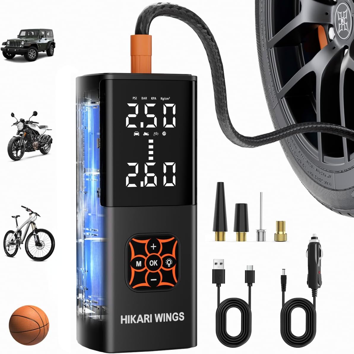 HIKARI Tire Inflator Portable Air Compressor-8X Faster, 25,000mAh Battery, 150PSI Cordless Air Pump with Digital Pressure Gauge for Car, Bike, Motorcycle, Balls
