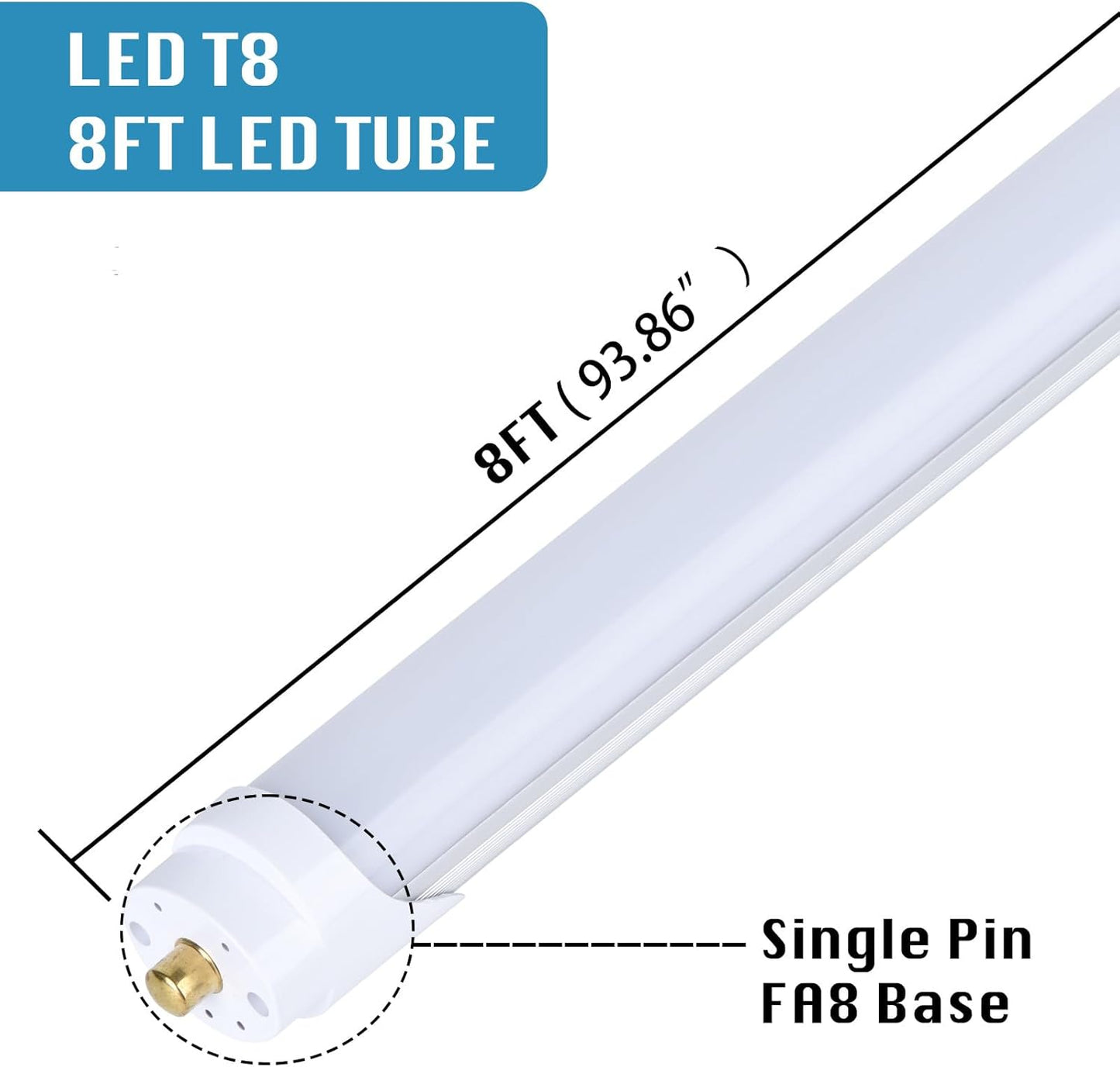 4-Pack, 8 Foot LED Bulbs, 100W 15000lm 6000K Cold White, Super Bright, T8 T10 T12 LED Tube Lights, FA8 Single Pin LED Lights, Frosted Cover, 8 Foot LED Bulbs to Replace Fluorescent Light Bulbs