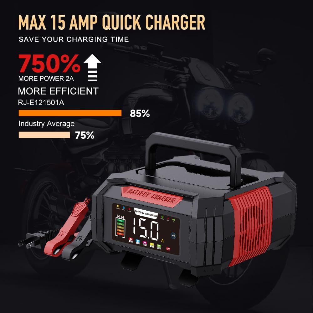 15 Amp Battery Charger, 12V 24V LiFePO4 Car Battery Charger 9-Stage Trickle Portable Charger Smart Battery Maintainer w/Battery Repair, Winter Mode, for AGM, STD, Gel, Lead Acid,Deep Cycle Batteries