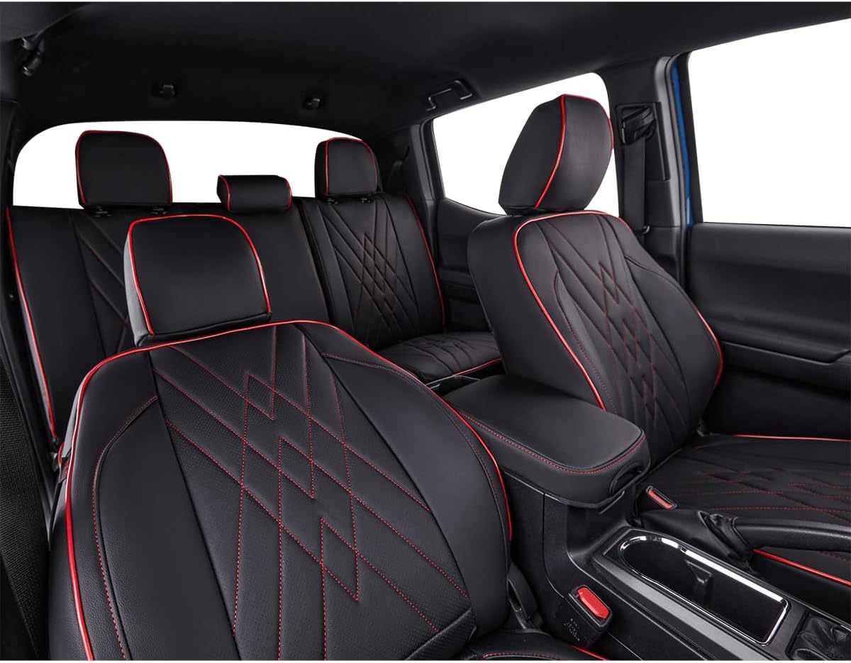 EKR Custom Fit Tacoma Car Seat Covers for Select Toyota Tacoma 2016 2017 2018 2019 2020 2021 2022 2023 Access Cab - Full Set,Leather(Black with Red Trim)