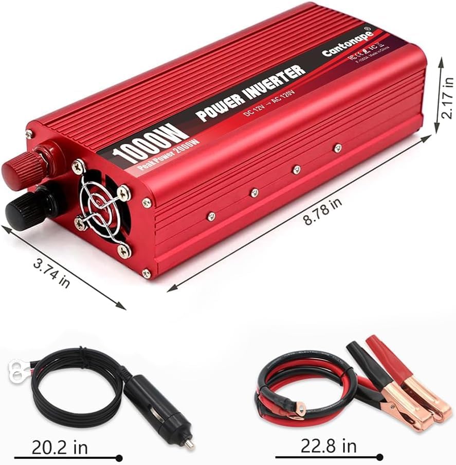 1000W/2000W(Peak) DC 12V to 110V/120V AC Power Inverter Converter with 3.1A USB Car Adapter and Cigarette Lighter for Car Home Laptop Truck