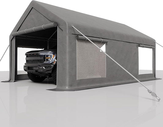 10 x 20ft Heavy-Duty Carport with Roll-Up Windows & Removable Sidewalls & Doors Thickened Wind Ropes, Ground Nails, Portable Car Tent Garage for Cars, Trucks, Boats, 180G Durable Tarp Cover,Grey