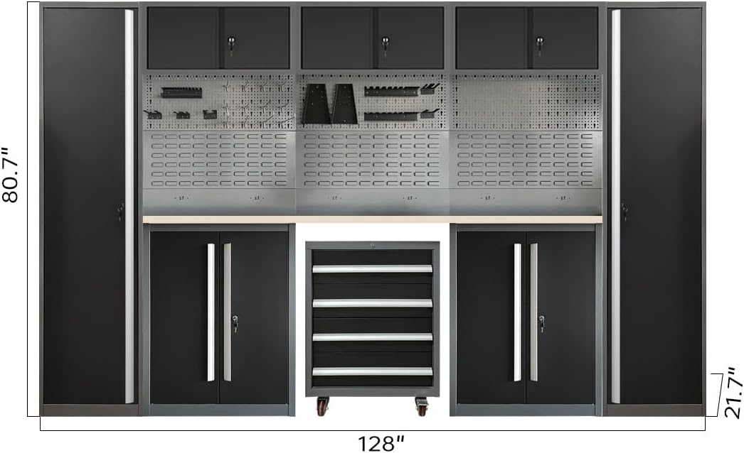 JZD Metal Garage Tool Cabinet System, Tool Organization with Wooden Worktop, for Workshop Auto Repair Shop, Black and Grey