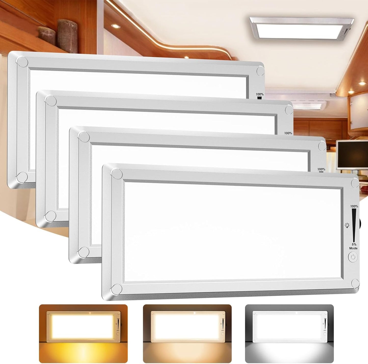 4 Pack RV Lights Interior,3 Color RV LED Super Bright Fixture,12V RV Ceiling Dome Light with ON/Off Dimmable Switch Energy Saving Gift Package for RV/Camper/Car/Trailer/Boat