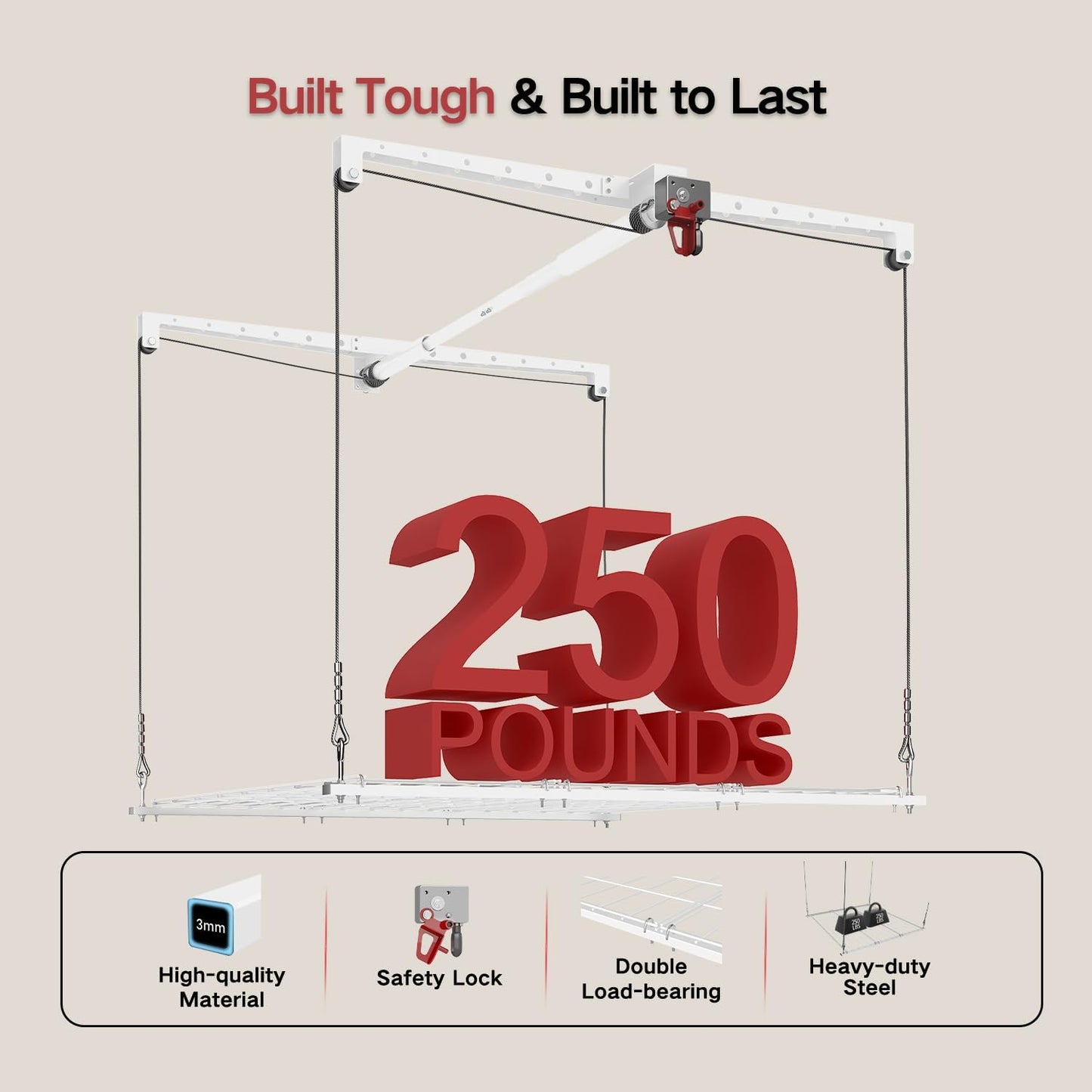 Overhead Garage Storage Rack, Adjustable Heavy-duty 4x4 Ft Ceiling Storage Racks with Safety Lock, Ideal for Garage Storage Lifting Organization System, 250lbs Capacity, White