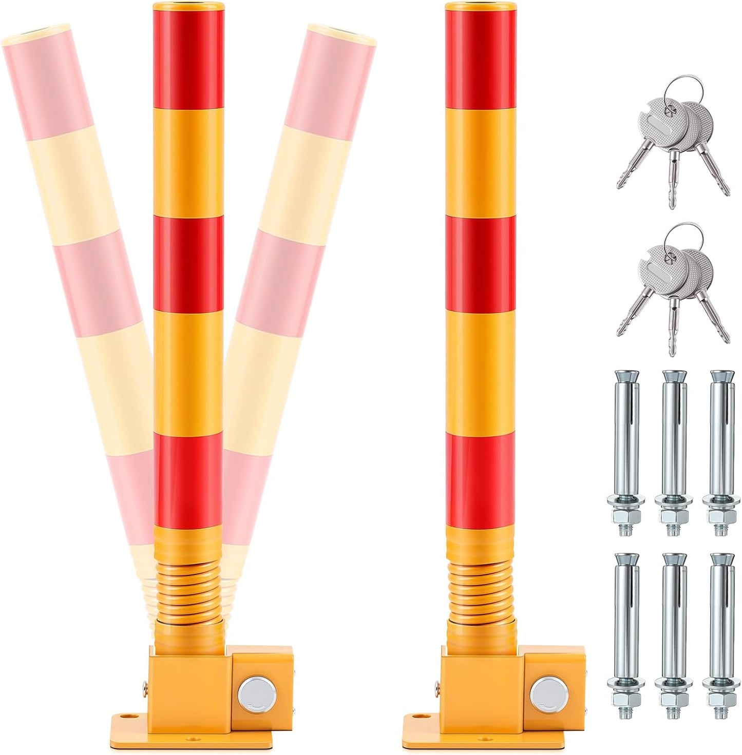 Zonon 2 Pcs Spring Parking Post Folding Heavy Metal Parking Barrier Lock Obstacle Pile with Warning Stripes Interceptor Bollard for Traffic-Sensitive Area Garage