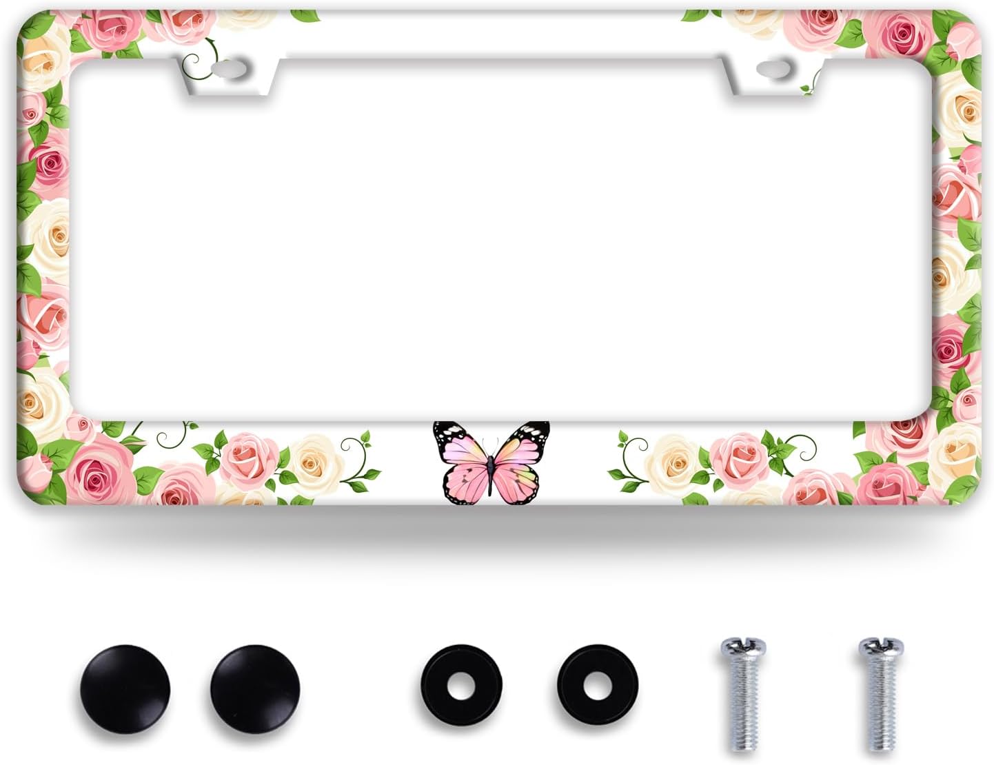 Pink Butterfly License Plate Frame Rose Flowers Floral License Plate Holder Colorful Auto Accessories for Women 6x12 Inch
